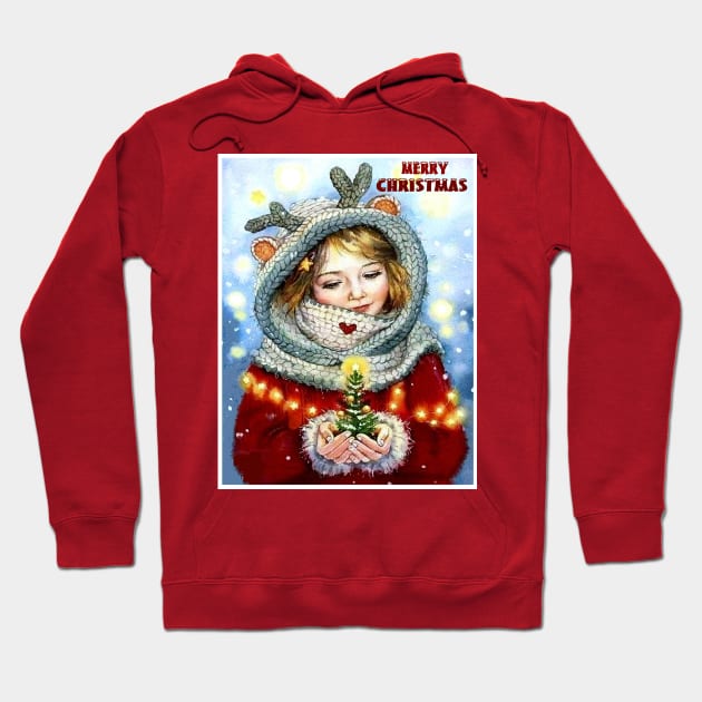 Merry Christmas Young Girl holding a Xmas Tree Vintage Print Hoodie by posterbobs